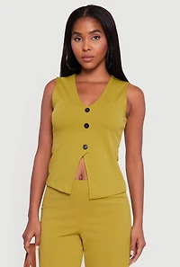 Womens Crepe Knit V-Neck Front Slit Blazer Vest, L