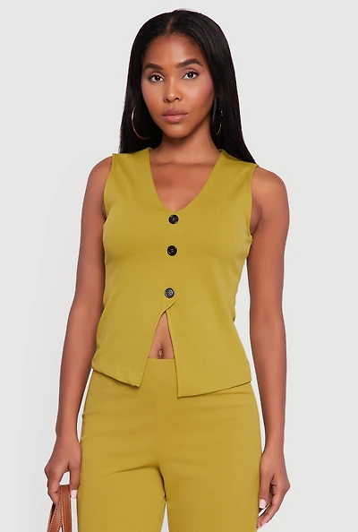 Crepe Knit V-Neck Front Slit Blazer Vest