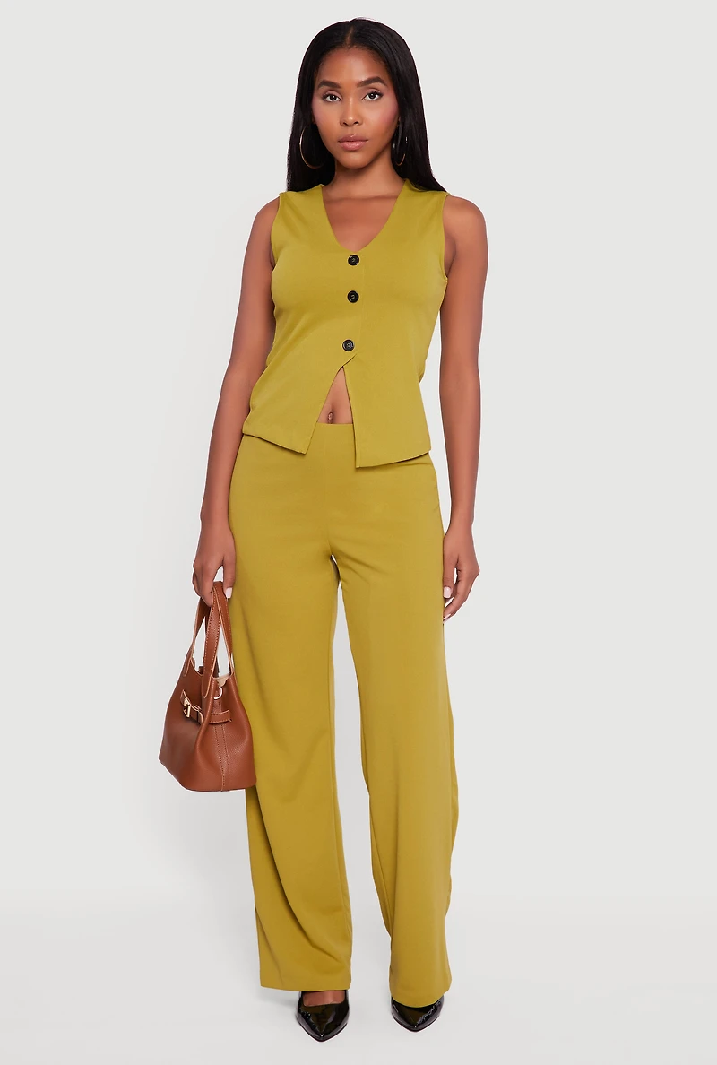 Womens Crepe Knit V-Neck Front Slit Blazer Vest, Green, Size M