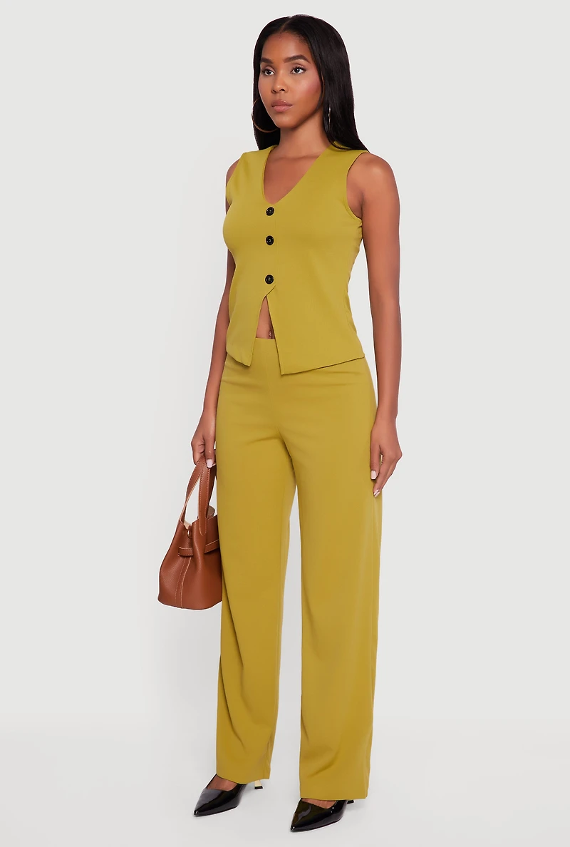 Womens Crepe Knit V-Neck Front Slit Blazer Vest, Green, Size M