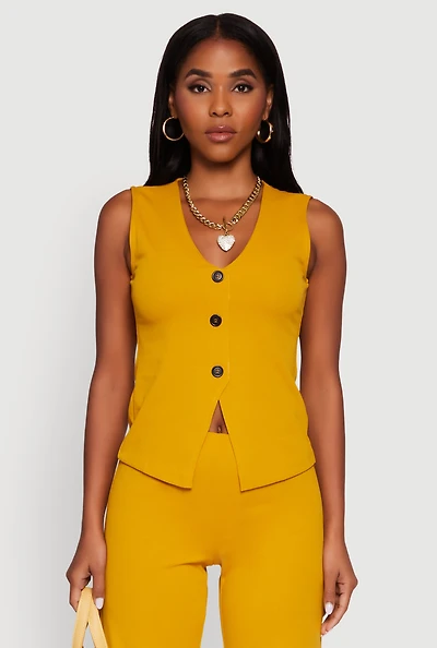 Womens Crepe Knit V-Neck Front Slit Blazer Vest, Yellow, Size M