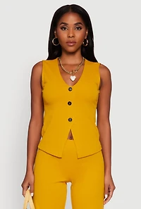 Womens Crepe Knit V-Neck Front Slit Blazer Vest, Yellow, Size M