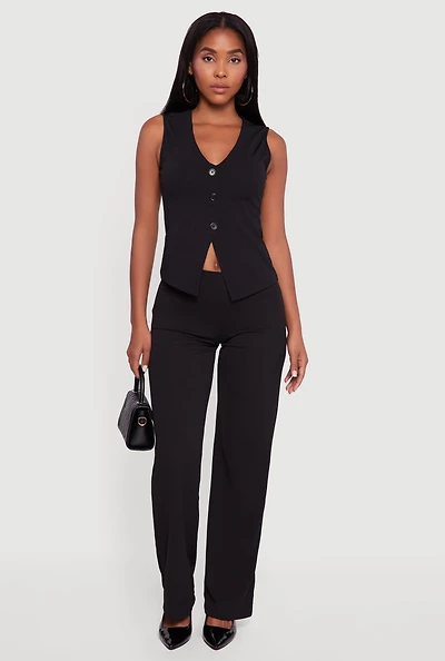 Womens Crepe Knit High Waisted Wide Leg Pants,