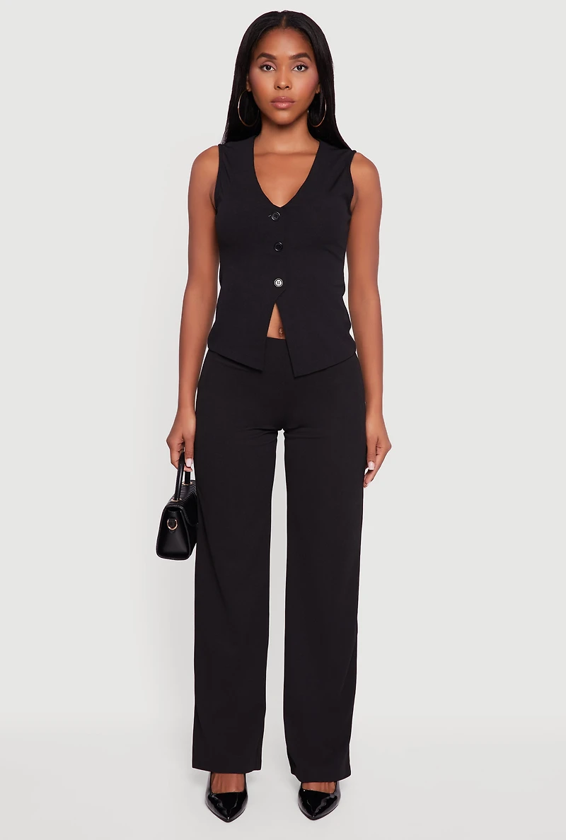 Womens Crepe Knit High Waisted Wide Leg Pants, Black, Size S