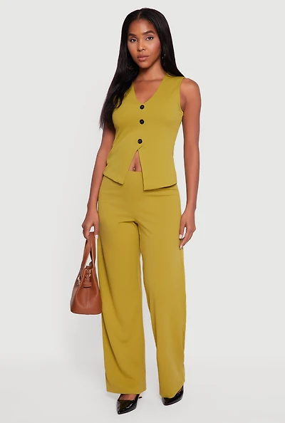 Womens Crepe Knit High Waisted Wide Leg Pants, Green, Size M