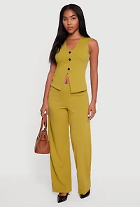 Womens Crepe Knit High Waisted Wide Leg Pants, Green, Size M