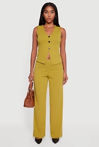 Womens Crepe Knit High Waisted Wide Leg Pants, Green, Size M