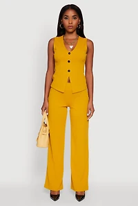Womens Crepe Knit High Waisted Wide Leg Pants, Yellow, Size L