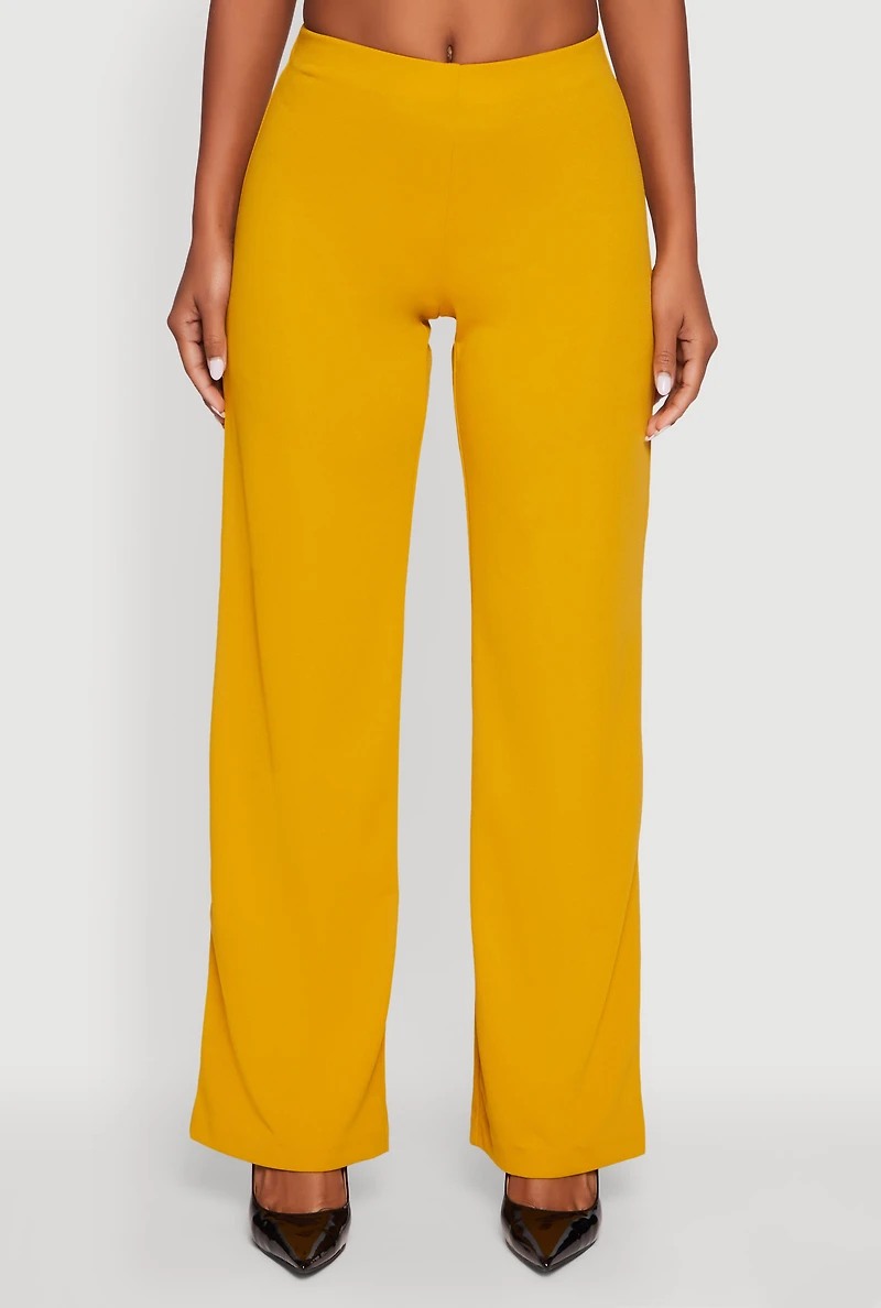 Womens Crepe Knit High Waisted Wide Leg Pants, Yellow, Size L
