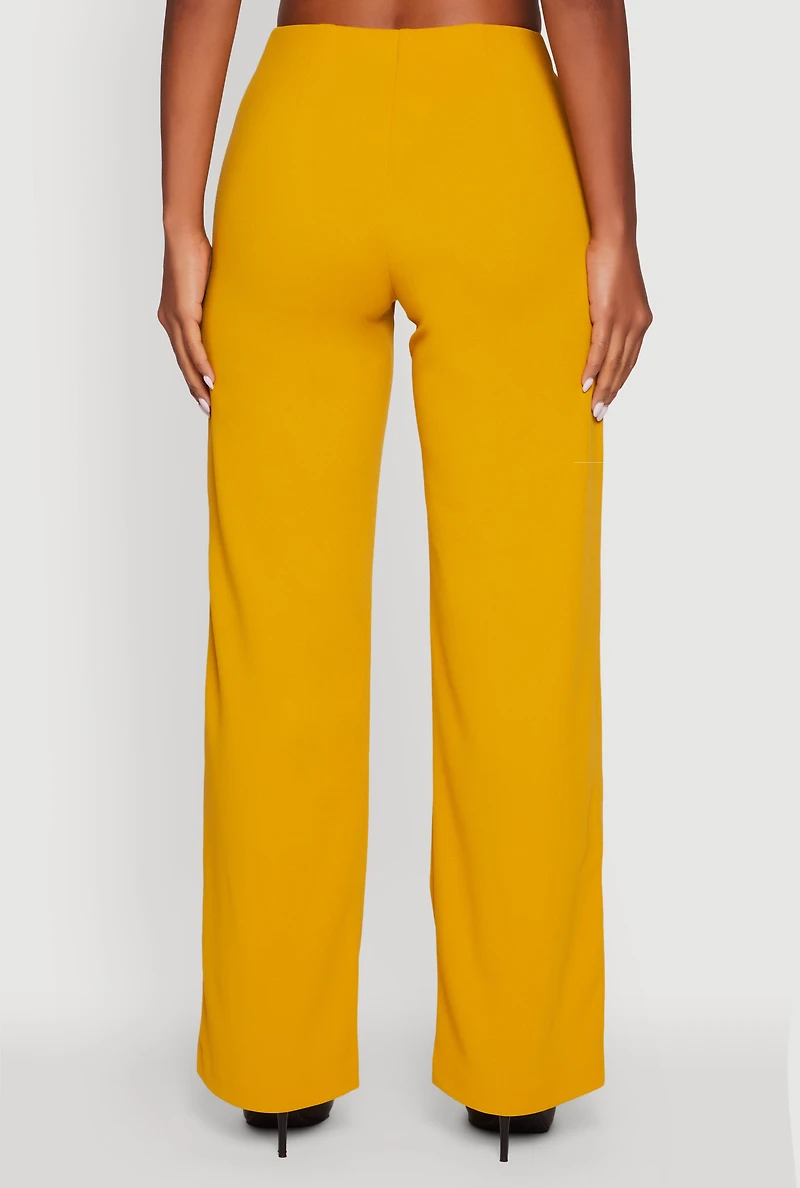 Womens Crepe Knit High Waisted Wide Leg Pants, Yellow, Size L