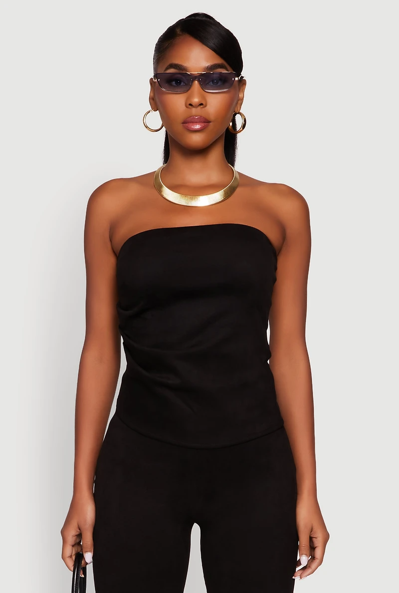 Womens Faux Suede Ruched Side Tube Top, Black, Size M