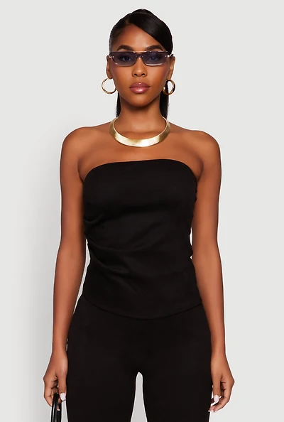 Womens Faux Suede Ruched Side Tube Top, Black, Size M