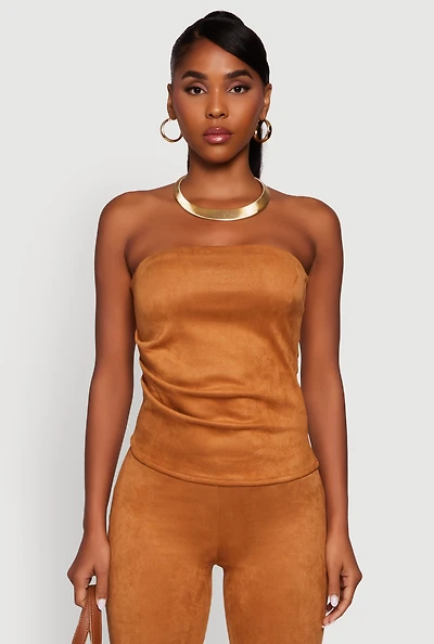 Womens Faux Suede Ruched Side Tube Top, Brown, Size L