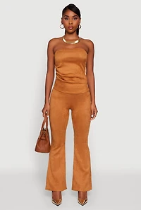 Womens Faux Suede Ruched Side Tube Top, Brown, Size L