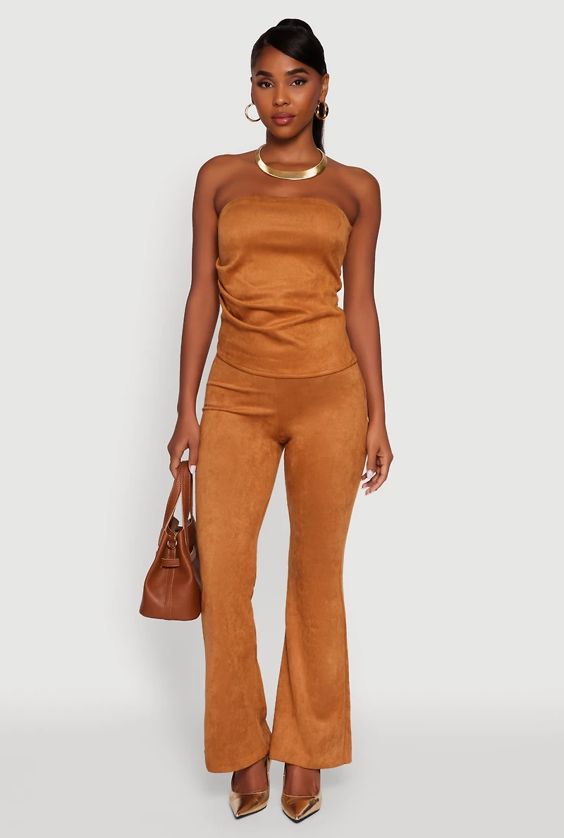 Womens Faux Suede Ruched Side Tube Top, Brown, Size L