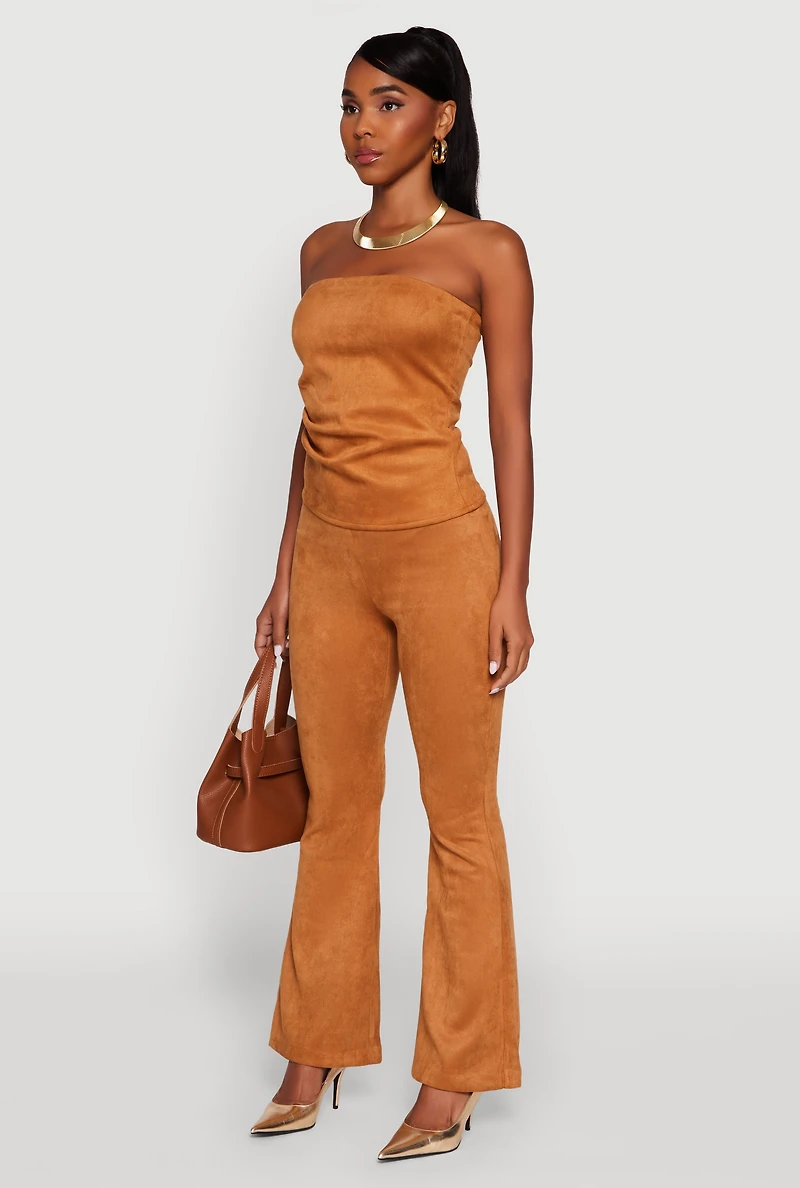 Womens Faux Suede Ruched Side Tube Top, Brown, Size L