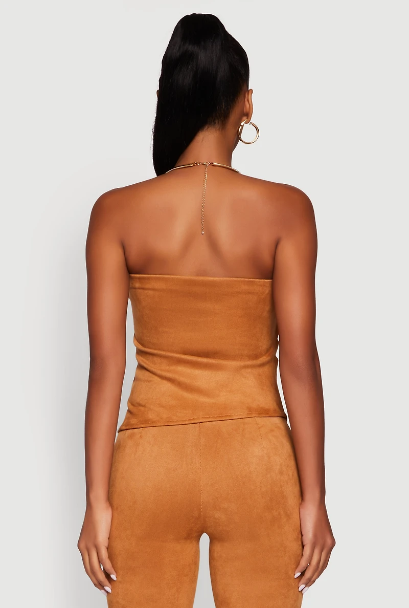 Womens Faux Suede Ruched Side Tube Top, Brown, Size L