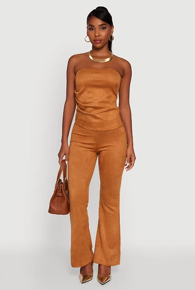 Womens Faux Suede Flare Pants, Brown, Size M