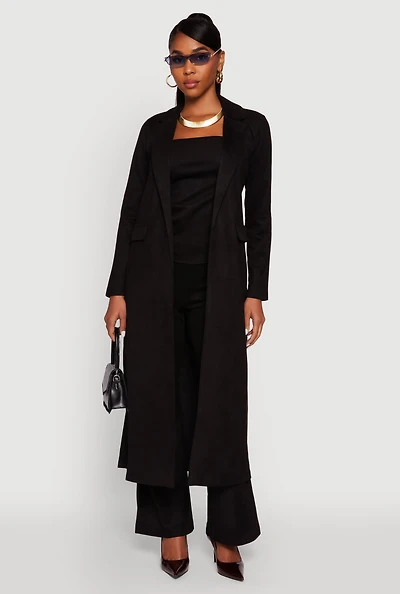Womens Faux Suede Open Front Long Coat,