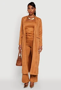 Womens Faux Suede Open Front Long Coat, Brown, Size S