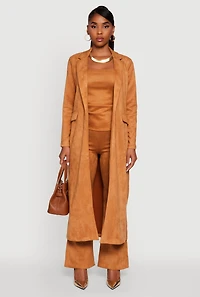 Womens Faux Suede Open Front Long Coat, Brown,