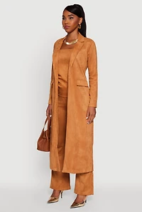 Womens Faux Suede Open Front Long Coat,