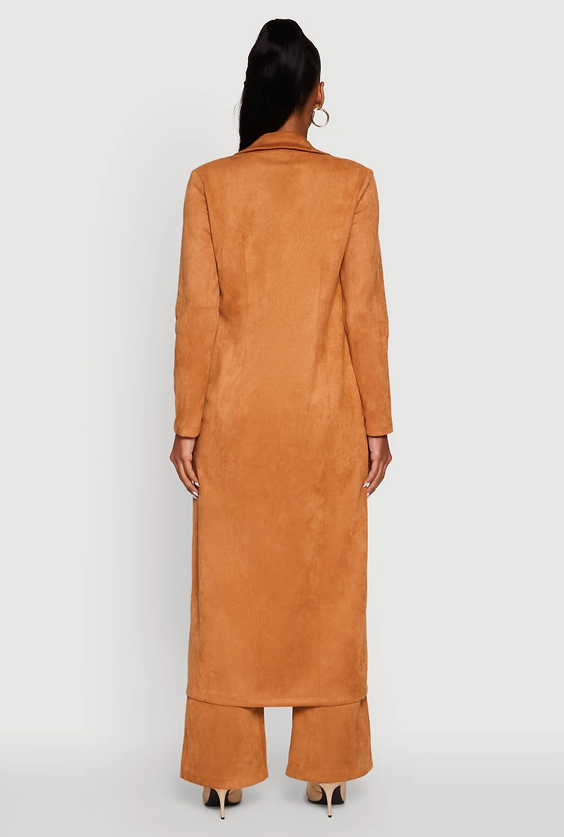 Womens Faux Suede Open Front Long Coat, Brown,