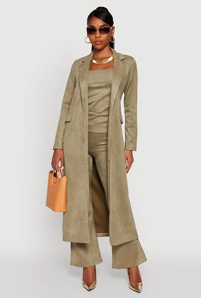 Womens Faux Suede Open Front Long Coat, Green, Size M