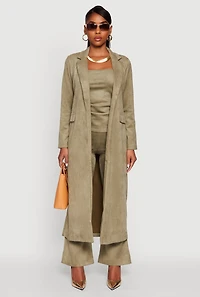 Womens Faux Suede Open Front Long Coat, Green, Size M