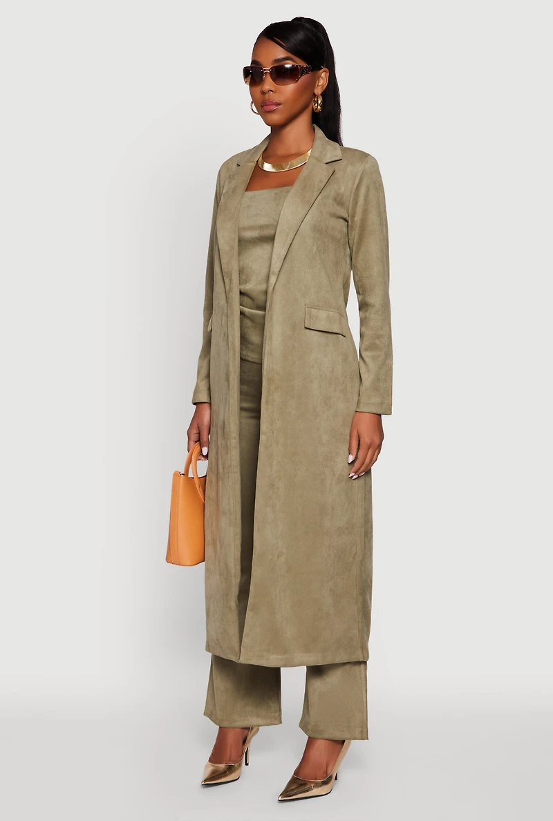Womens Faux Suede Open Front Long Coat, Green, Size L