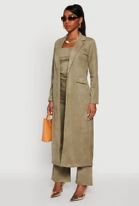 Womens Faux Suede Open Front Long Coat, Green, Size L