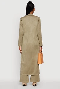 Womens Faux Suede Open Front Long Coat, Green, Size M