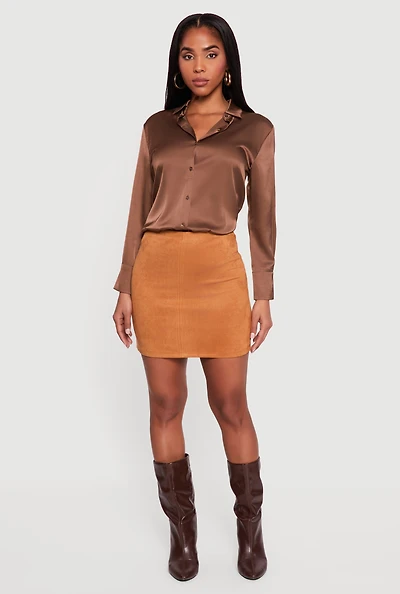 Faux Suede High Waisted Pull On Mini Pencil Skirt