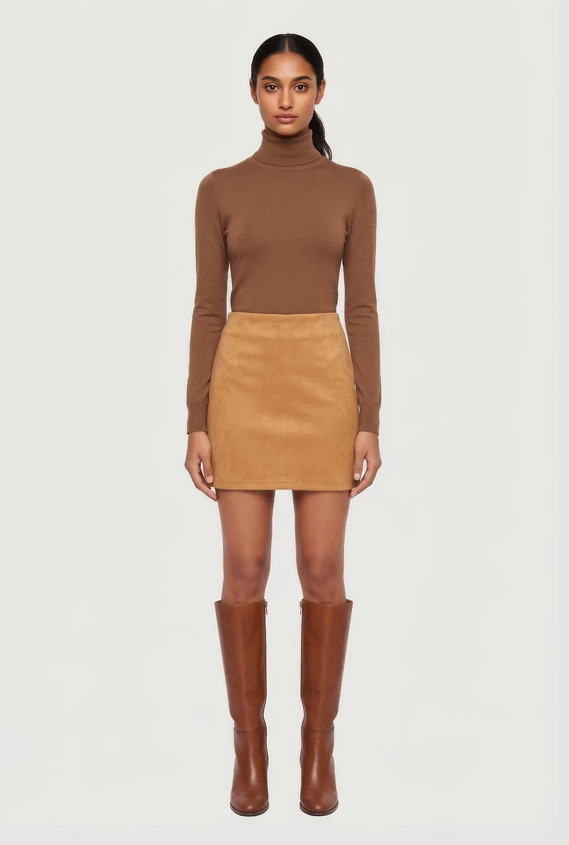 Faux Suede High Waisted Pull On Mini Pencil Skirt
