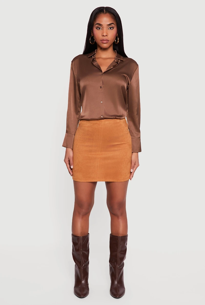 Faux Suede High Waisted Pull On Mini Pencil Skirt