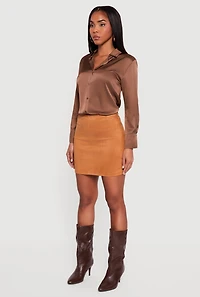 Faux Suede High Waisted Pull On Mini Pencil Skirt