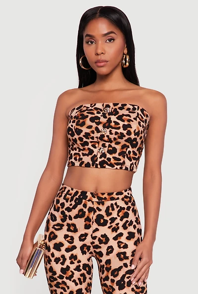 Womens Leopard Print Cropped Tube Top, Brown, Size L