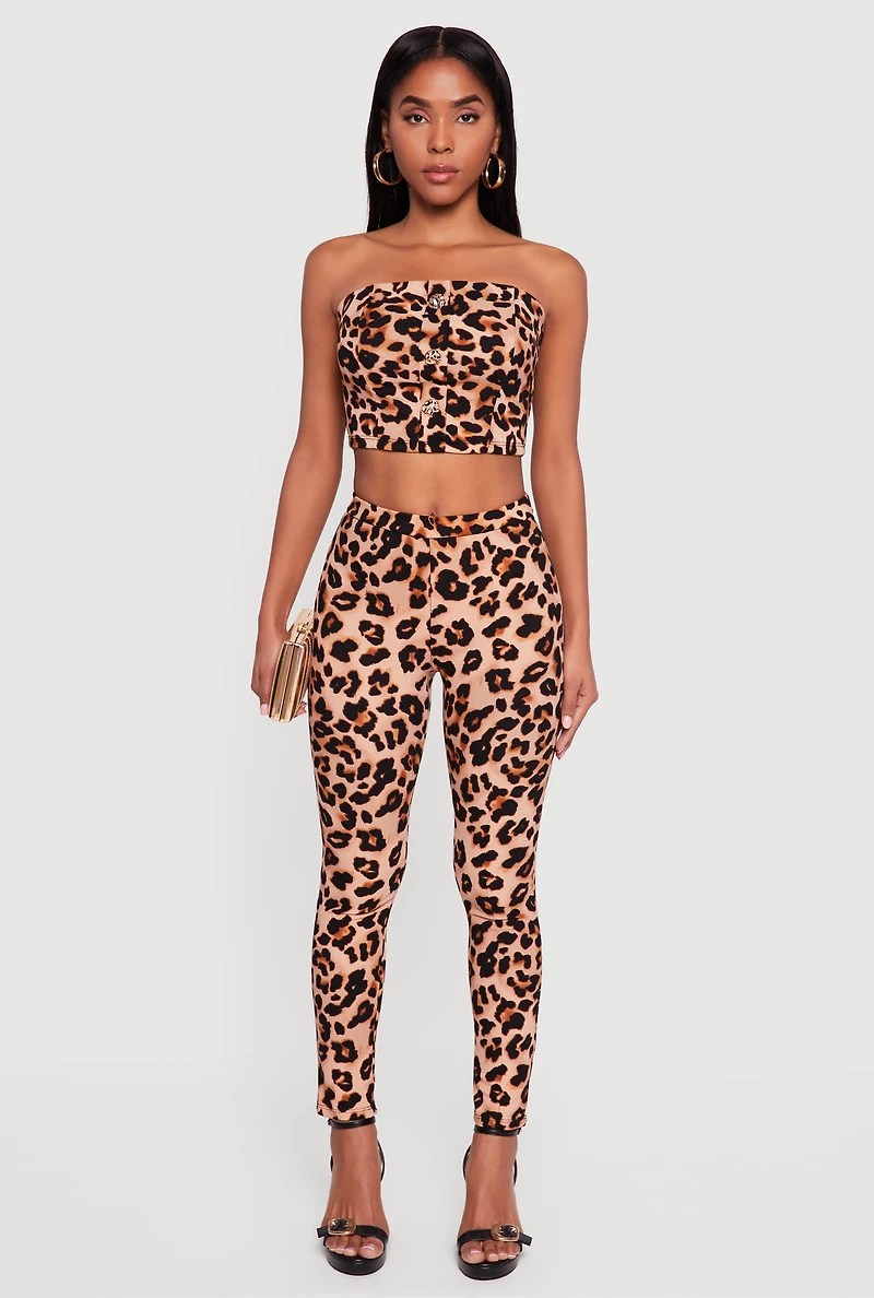 Womens Leopard Print Cropped Tube Top, Brown, Size L