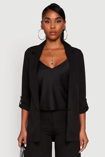 Womens Crepe Knit Open Front Tabbed Sleeves Blazer,