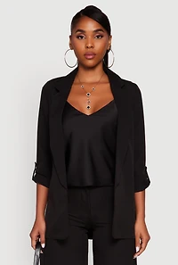 Womens Crepe Knit Open Front Tabbed Sleeves Blazer, Black, Size M