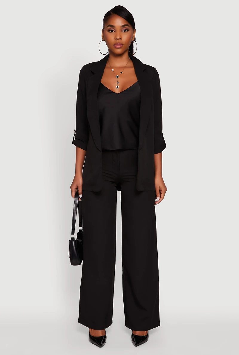 Womens Crepe Knit Open Front Tabbed Sleeves Blazer, Black, Size M