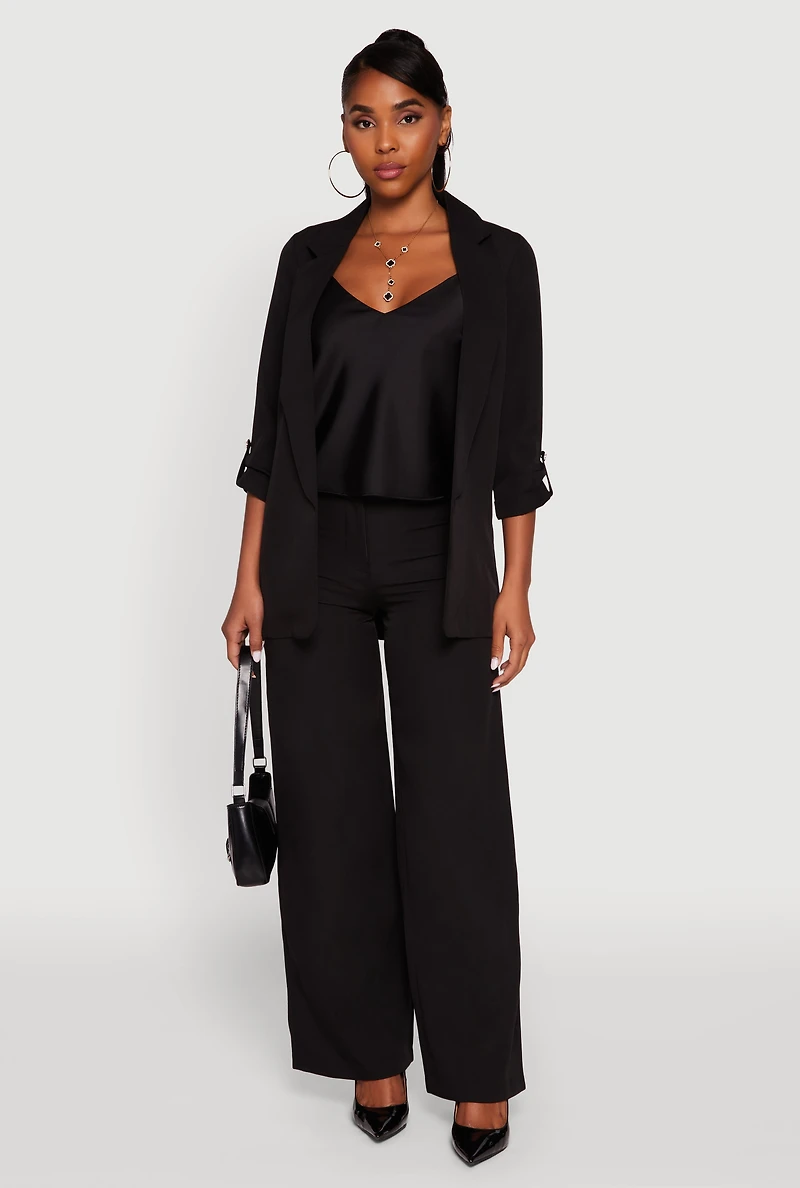 Womens Crepe Knit Open Front Tabbed Sleeves Blazer, Black, Size M