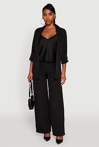 Womens Crepe Knit Open Front Tabbed Sleeves Blazer, Black, Size M