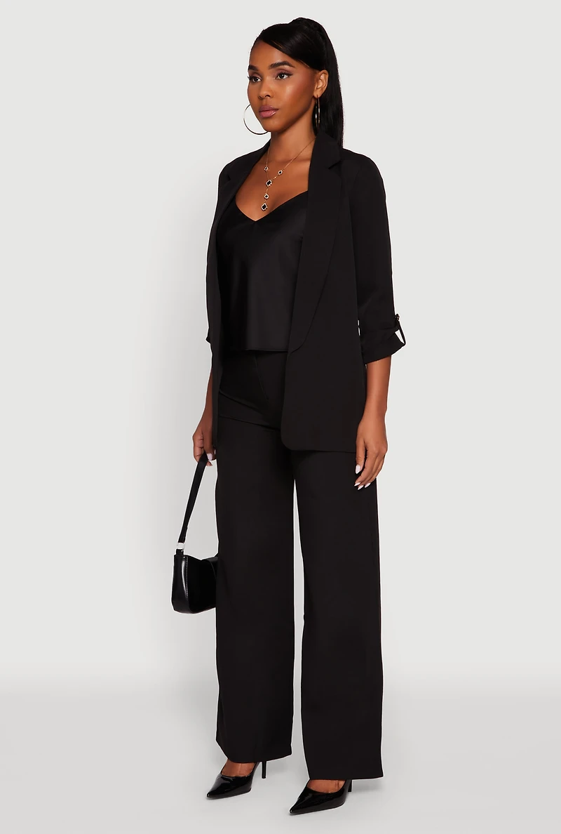 Womens Crepe Knit Open Front Tabbed Sleeve Blazer, Black, Size XL