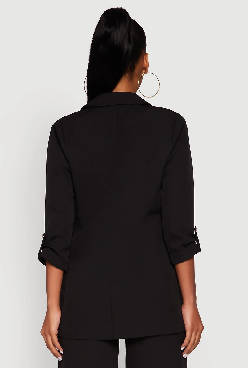 Womens Crepe Knit Open Front Tabbed Sleeves Blazer, Black, Size M