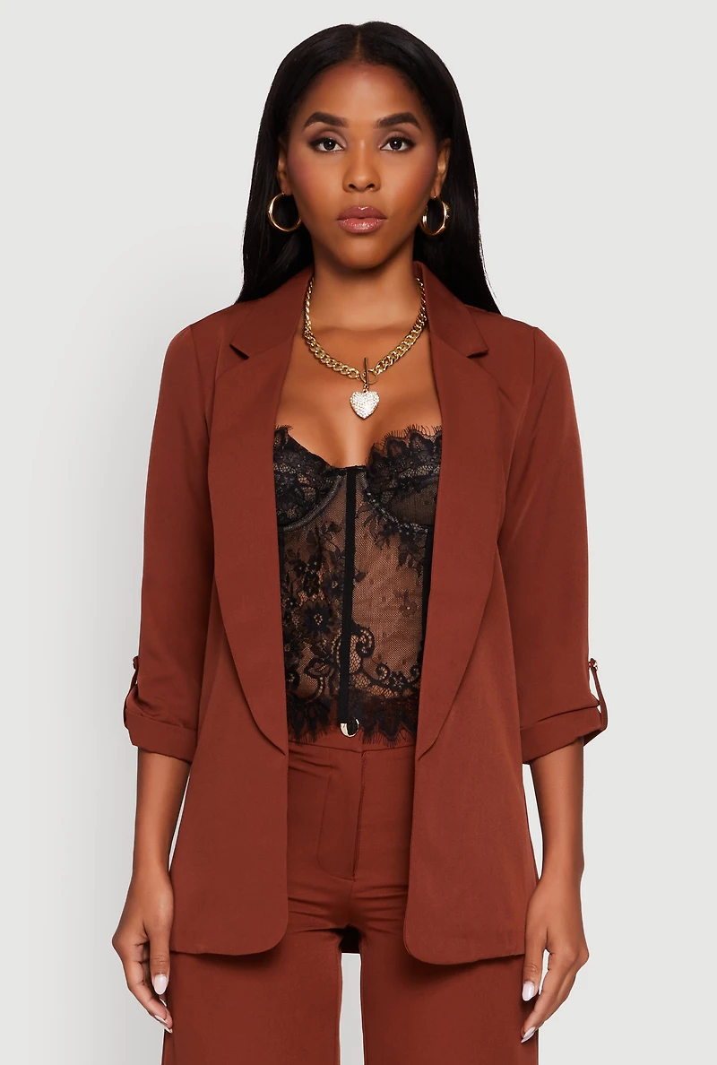 Womens Crepe Knit Open Front Tabbed Sleeves Blazer,