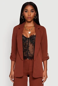 Womens Crepe Knit Open Front Tabbed Sleeves Blazer,