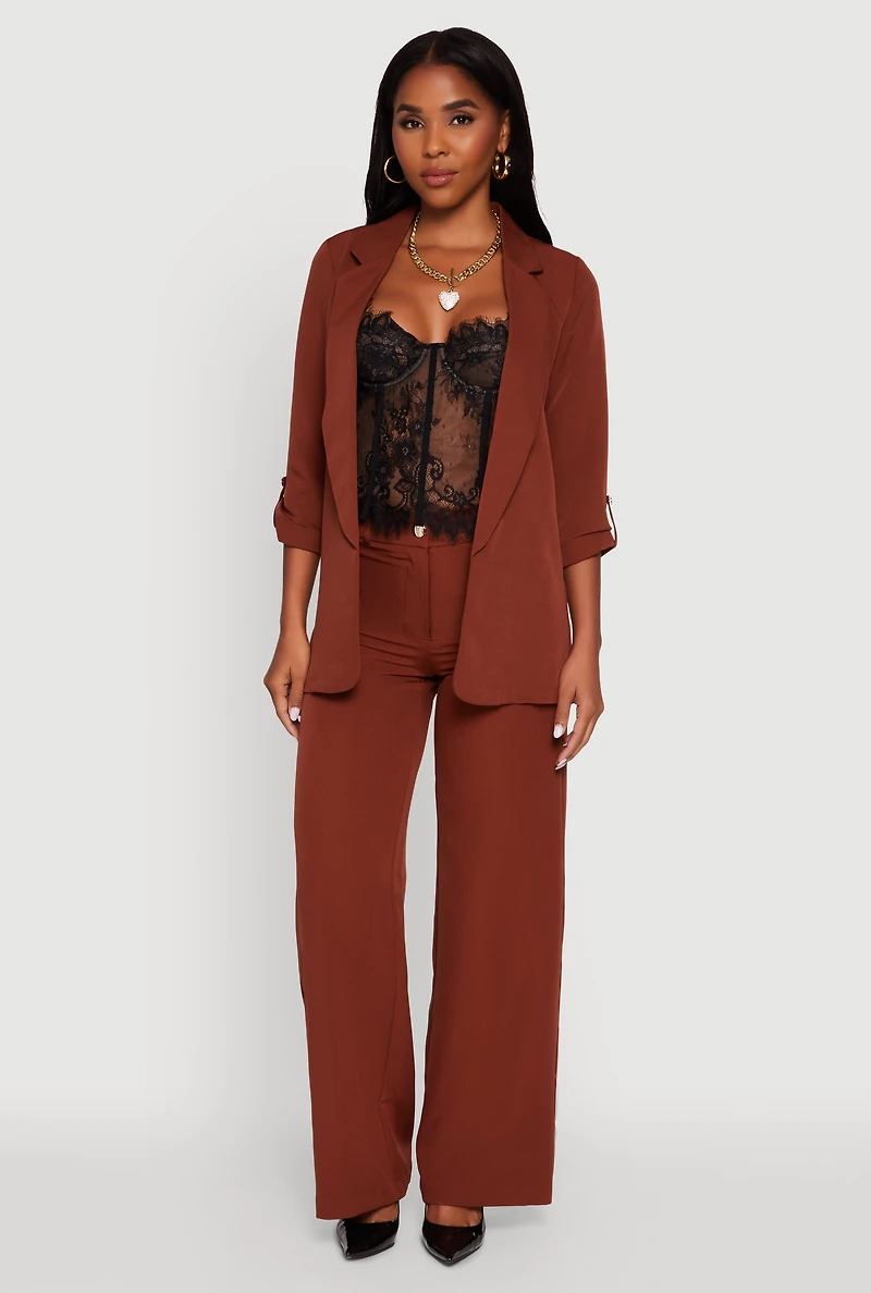 Womens Crepe Knit Open Front Tabbed Sleeves Blazer,