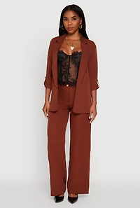 Womens Crepe Knit Open Front Tabbed Sleeves Blazer,