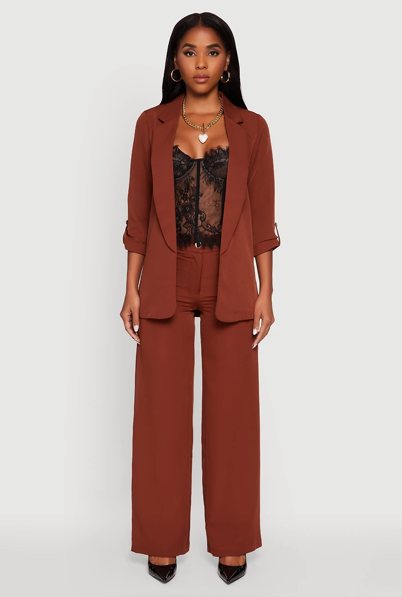 Womens Crepe Knit Open Front Tabbed Sleeves Blazer,